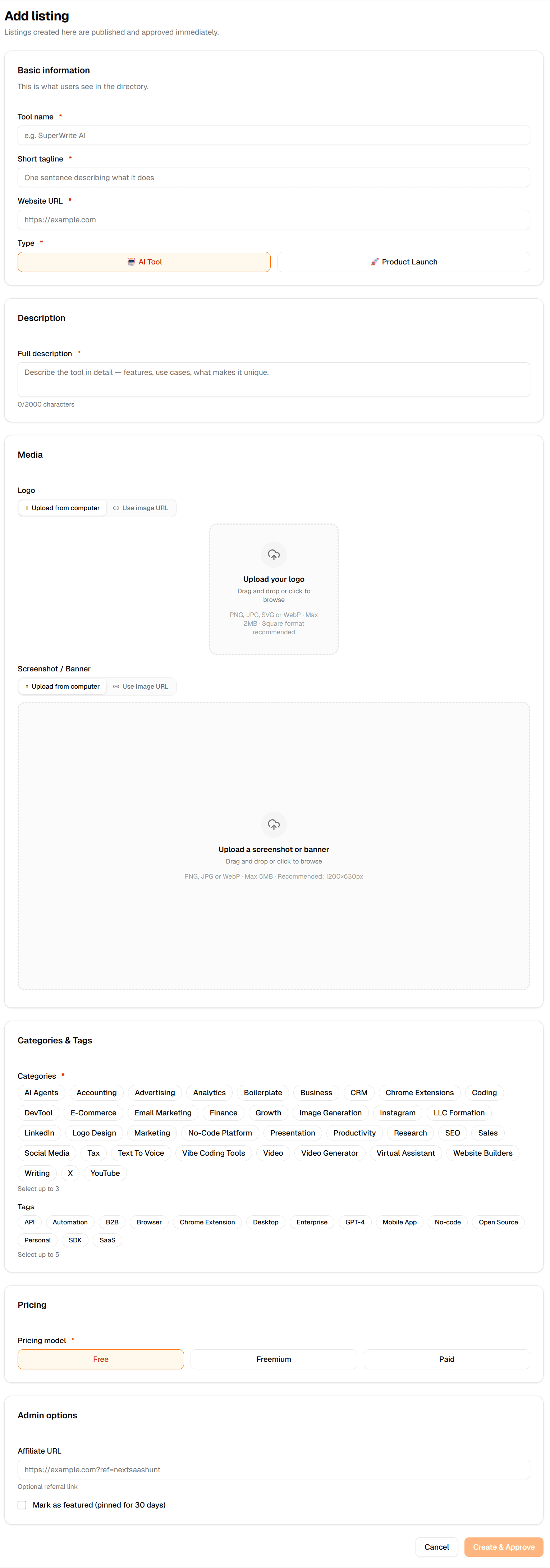 Add Listing form